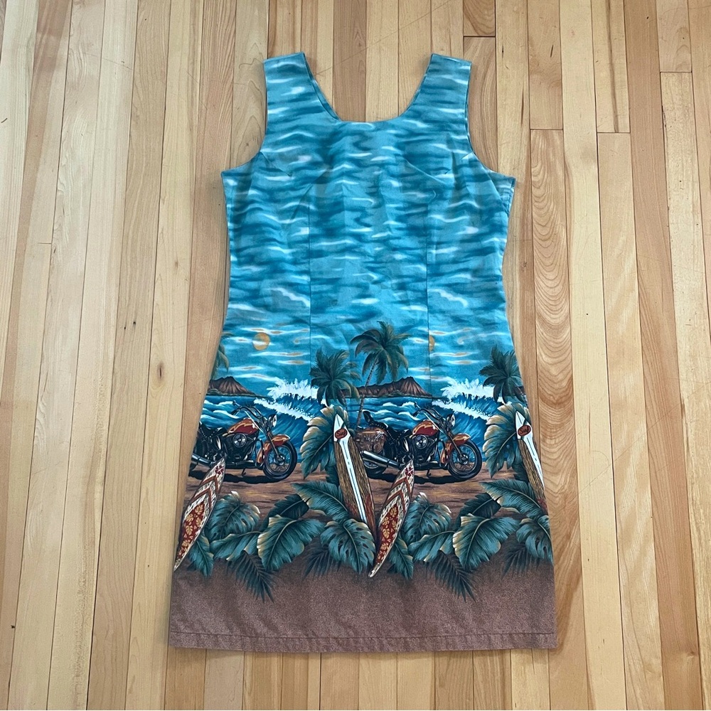 Vintage KY’S Hawaiian Beach Motorcycle Surf Print - Cotton Mini Dress - Sz M-L